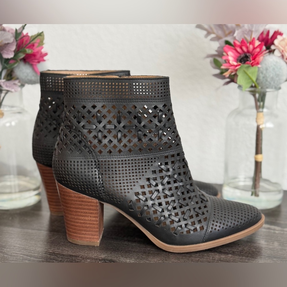 Franco Sarto Black Perforated Leather Ankle Boots - Picture 3 of 8